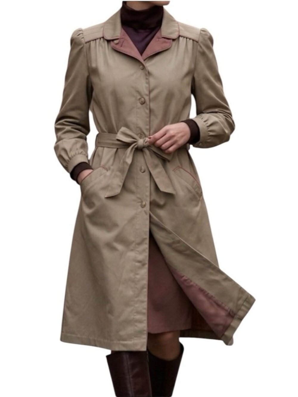 Vintage UTEX 1990s Retro Beige Belted Business Casual Trench Coat Size 11/12